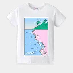KAVEE Pure Cotton Half Sleeves Beach Theme Printed Bio Washed Tee - White-10