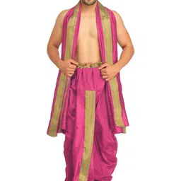 Exotic India Art Silk Dhoti and Angavastram Set with Wide Golden Border (Ready to Wear)-image-43