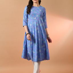 FERANOID Floral Printed Round Neck Three-Quarter Sleeves A-Line Kurta-image-85