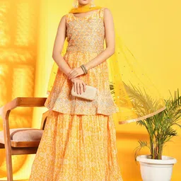 Chhabra 555 Bandhani Print Embroidered Peplum Kurta & Lehenga With Dupatta-image-68