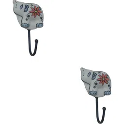 IndianShelf White & Pink 2 Pieces Elephant Textured Ceramic Wall Hooks-37