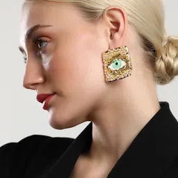 SOHI The Dented Evil Eye Gold-Plated Pearls Beaded Square Studs image 1
