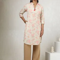 Soch Floral Printed Mandarin Collar Cotton Linen Straight Kurta-picture-23