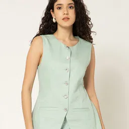 B77 Women Twill Mint Green Round Neck Cotton Waistcoat-image-12