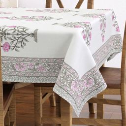 Texstylers White & Pink Floral Printed Anti-Slip Cotton 6-Seater Table Cover-image-82