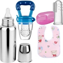 HM POINT Combo of Finger Brush+Bottle+Baby Bib+ Fruit Nibbler - Silicone, Stainless Steel, Food Grade Plastic-image-54