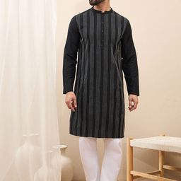 House of Pataudi Striped Thread Work Mandarin Collar Straight Kurta-picture-41