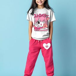 YK X Trampoline Girls Round Neck Printed T-shirt With Joggers-image-67
