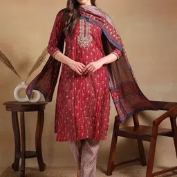KALINI Floral Embroidered Zari Straight Silk Blend Kurta With Trousers & Dupatta-picture-18