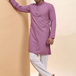 Pro-Ethic STYLE DEVELOPER Men Floral Embroidered Angrakha Sequinned Pure Cotton Kurta with Pyjamas-picture-11