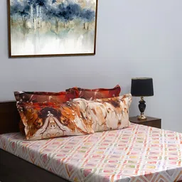 BOMBAY DYEING Peach-Coloured Printed 300 TC Cotton King Bedsheet with 4 Pillow Covers-image-89