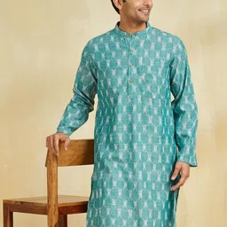 Fabindia Geometric Printed Band Collar Straight Kurta-image-54