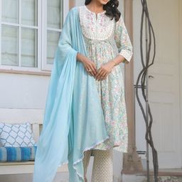 Janasya Women Off White Pure Cotton Yoke Embroidered Floral Printed A-line Kurta Set-picture-21