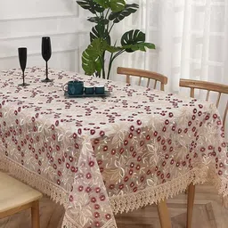 MONKDECOR Maroon Floral 8-Seater Table Cover with Embroidered details-51