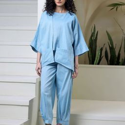 Ambraee Round Neck Cotton Top With Trouser & Jacket Co-Ords Set-picture-56
