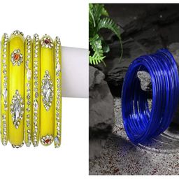 SOMIL Set Of 18 Yellow Glass Artificial Stones and Beads Bangles-image-70