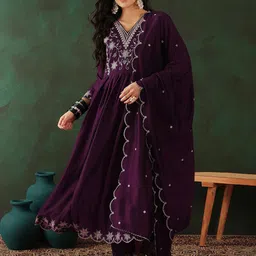 Sangria Magenta Floral Embroidered Zari Anarkali Kurta With Trouser & Dupatta-36