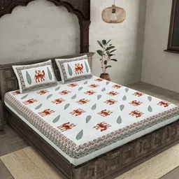JAIPUR FABRIC Grey & Red Ethnic Motifs 144 TC King Bedsheet with 2 Pillow Covers-image-97