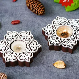 eCraftIndia Brown & White 6 Pieces Textured Wooden Decorative Tea Light Candle Holders-28