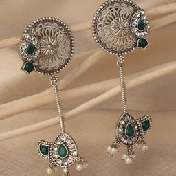 VENI 925 Silver-Plated Artificial Stones Studded Floral Oxidised Drop Earrings-25