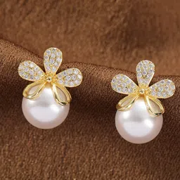 VAGHBHATT Gold-Plated Floral Shaped Rhinestone Pearls Studded Earrings-3