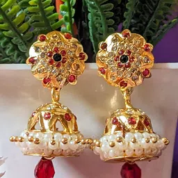 Subham Jewellers Gold-Plated Cubic Zirconia Studded & Beaded Dome Shaped Jhumkas-22