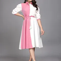 ZELZIS Colourblocked Puff Sleeve Shirt Dress-image-15