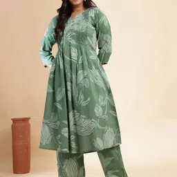 Vbuyz Floral Printed Pleated Notch Neck Pure Cotton A-Line Kurta With Palazzos-17