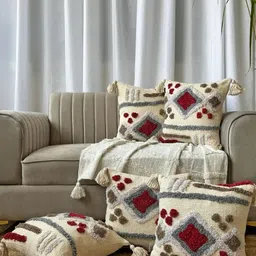 EXPORT HOUSE Off White & Red Set of 5 Geometric Square Cushion Covers-21