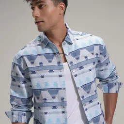 HIGHLANDER Men Comfort Relaxed Fit Geometric Printed Spread Collar Casual Shirt-image-44