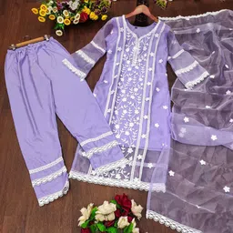 Bought First Floral Embroidered Straight Thread Work Kurta With Trousers And Dupatta image 3