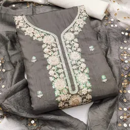 BlissFlair Floral Embroidered Sequinned Chanderi Silk Unstitched Dress Material-image-94