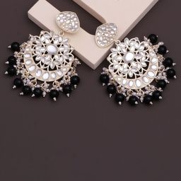 CAPILITE Jewellers Silver-Plated Kundan Studded & Pearl Beaded Crescent Shaped Chandbalis-image-98