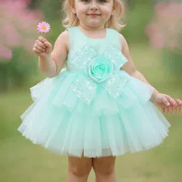 Lagorii Girls Sea Green Floral Embellished And Sequins Work Layered Party Wear Frock-image-97