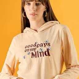 98 Degree North Women Typography Embroidered Hood Cotton Pullover Sweatshirt-image-2