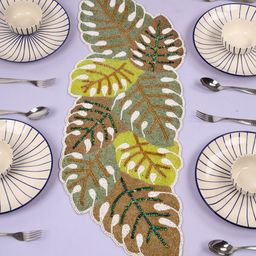 YWULY Olive & Brown Floral Embellished Beaded Table Runner-34
