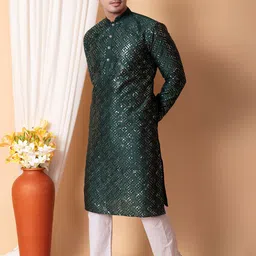 NFC CREATION Embroidered Mandarin Collar Straight Sequinned Dupion Silk Kurta With Pyjamas image 4