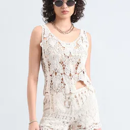 SHOWOFF Women Cream Solid Acrylic Round Neck Crochet Co-Ords Set-picture-36