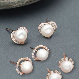 Zaveri Pearls Set Of 3 Rose Gold-Plated Cubic Zirconia Studded & Beaded Circular Studs-image-36