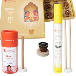 GaneshaSpeaks 3-Pcs Brown Wooden Guggal Dhoop Cup, Rose Dhoop Stick & Incense Stick-4