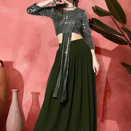 Sangria Sequin Embroidered Flared Top & Skirt With Attached Dupatta Co-Ord Set-10