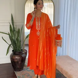 Brand Hill Women Ethnic Motifs Embroidered Kurta with Churidar & Dupatta-picture-32