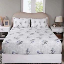maspar Blue Floral Print 300 TC Cotton Double Bed Fitted Sheet with 2 Pillow Case Sensory Bloom Collection-picture-4