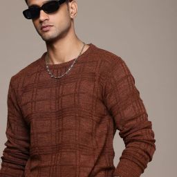 Men Self Design Round Neck Brown Sweater-image-92