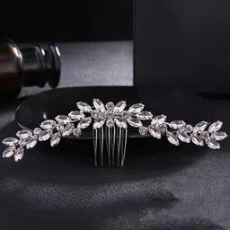 Yellow Chimes Women White & Silver-Toned Flower Crystal Bridal Comb Pin-image-52