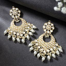Peora Gold-Plated Pearl & Kundan Studded Contemporary Chandbalis-1