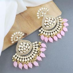 I Jewels Pink Gold Plated Kundan & Faux Pearl Studded Chandbali Earrings-picture-2