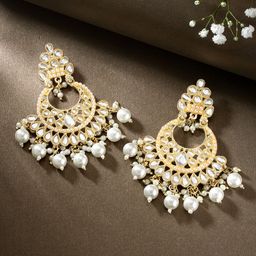 Peora Gold-Plated Pearl & Kundan Studded Contemporary Chandbalis-0