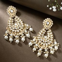 Peora Gold-Plated Pearl & Kundan Studded Contemporary Chandbalis-3
