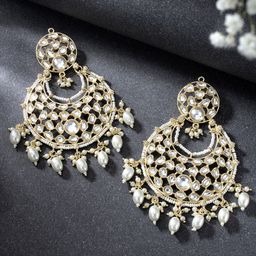 Peora Gold-Plated Pearl & Kundan Studded Contemporary Chandbalis-2
